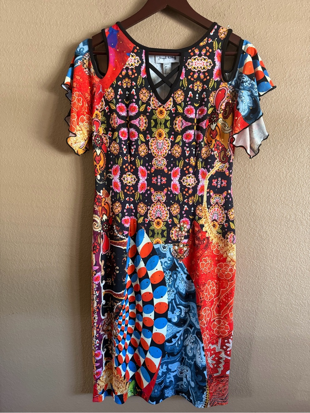 Joseph Ribkoff Multicolor Cold-Shoulder Floral & Paisley Print Dress Size 8 NWT